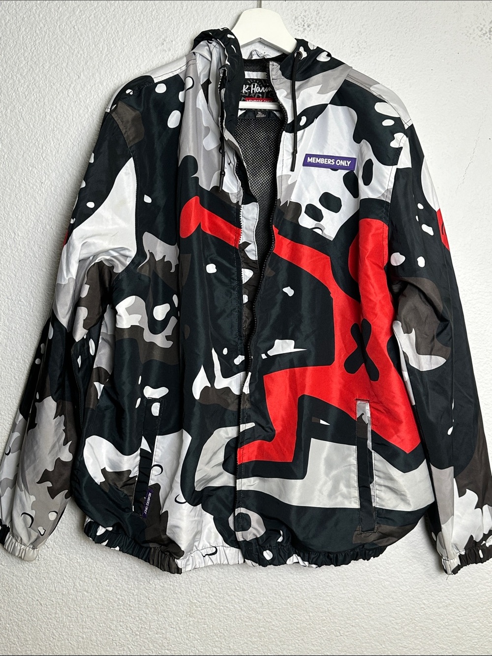 Members Only x Keith Haring Jacket XL Black White Red Hooded Windbreaker READ